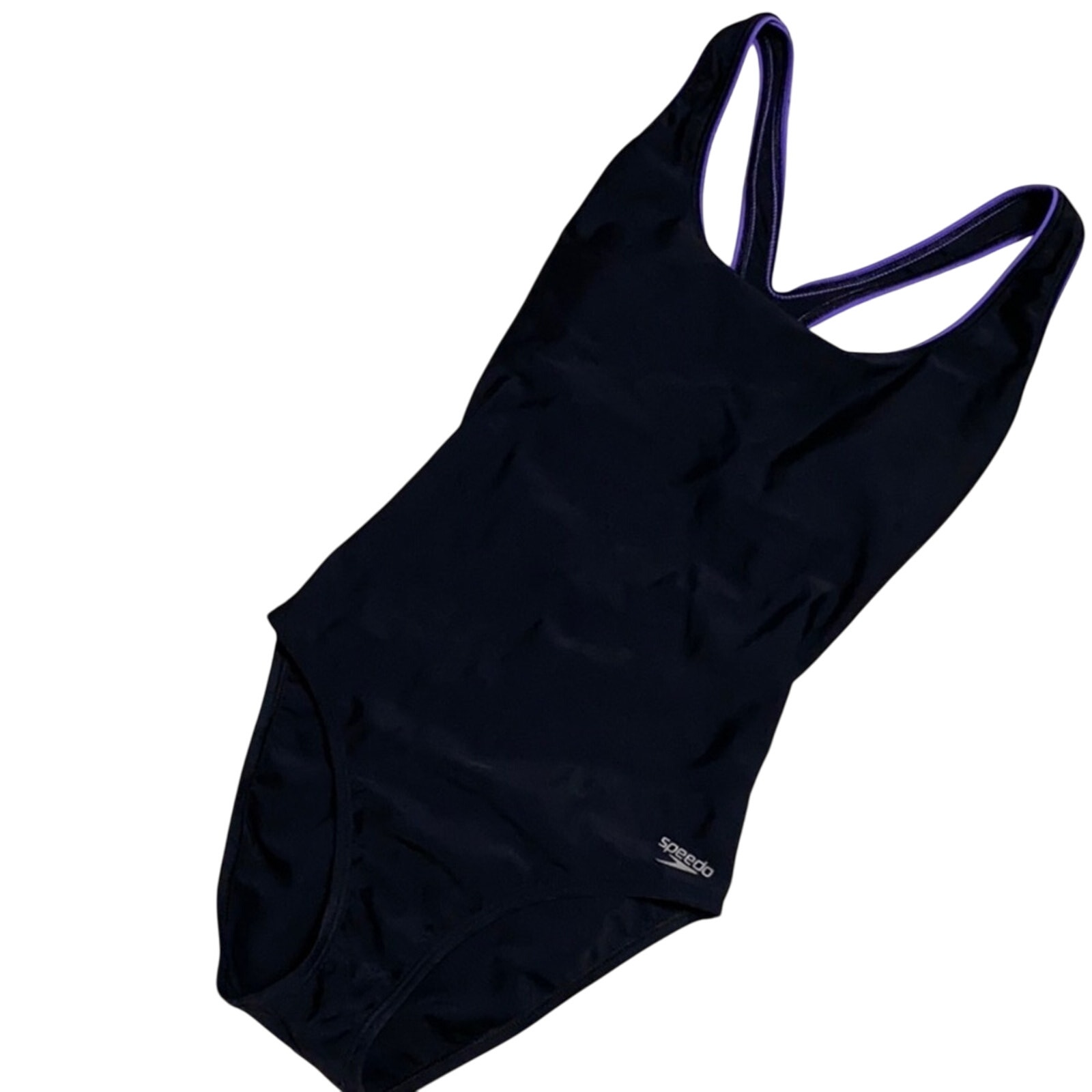 Speedo Black With Purple Trim Criss Cross Back One Piece Mid Coverage L16